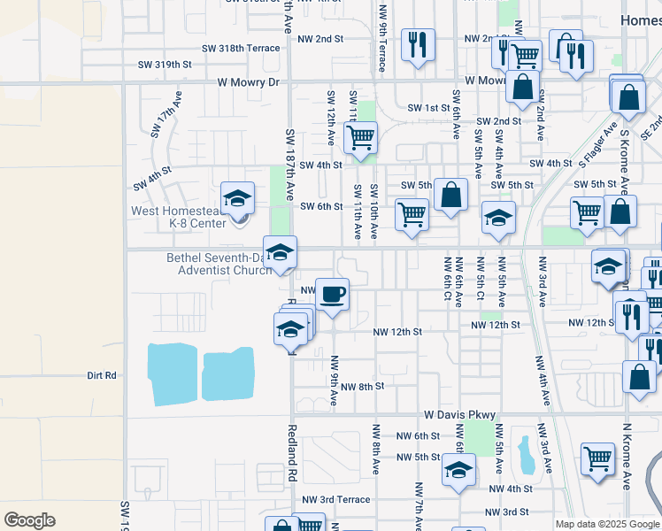 map of restaurants, bars, coffee shops, grocery stores, and more near 906 Northwest 15th Street in Florida City