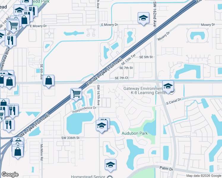 map of restaurants, bars, coffee shops, grocery stores, and more near 1312 North Quetzal Court in Homestead