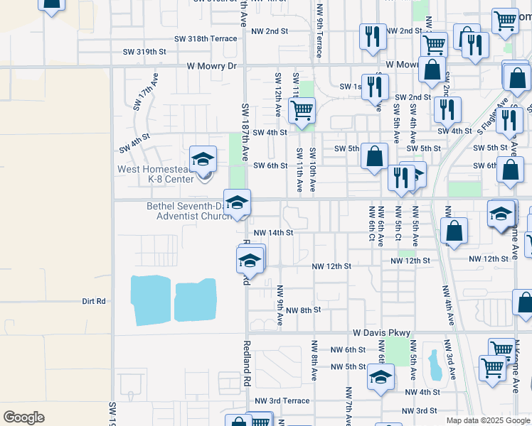 map of restaurants, bars, coffee shops, grocery stores, and more near 974 Northwest 14th Street in Homestead
