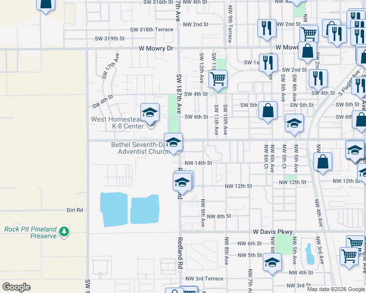 map of restaurants, bars, coffee shops, grocery stores, and more near 1395 Southwest 8th Street in Homestead