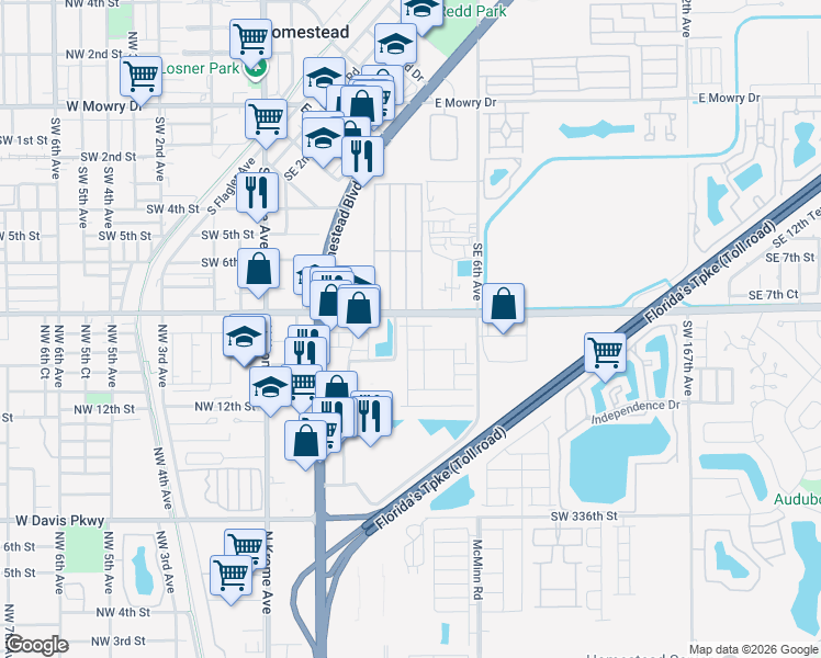 map of restaurants, bars, coffee shops, grocery stores, and more near in Homestead