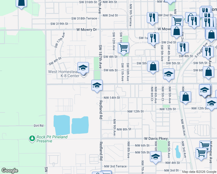 map of restaurants, bars, coffee shops, grocery stores, and more near 1395 Southwest 8th Street in Homestead