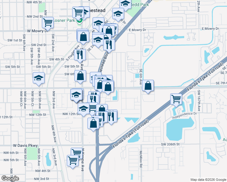 map of restaurants, bars, coffee shops, grocery stores, and more near 135e East Lucy Street in Homestead
