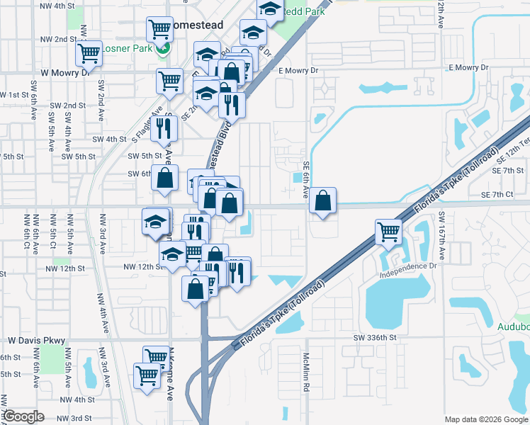 map of restaurants, bars, coffee shops, grocery stores, and more near in Homestead