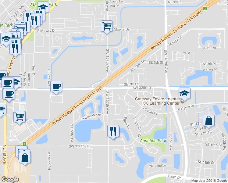 map of restaurants, bars, coffee shops, grocery stores, and more near 861 Southeast 13th Road in Homestead