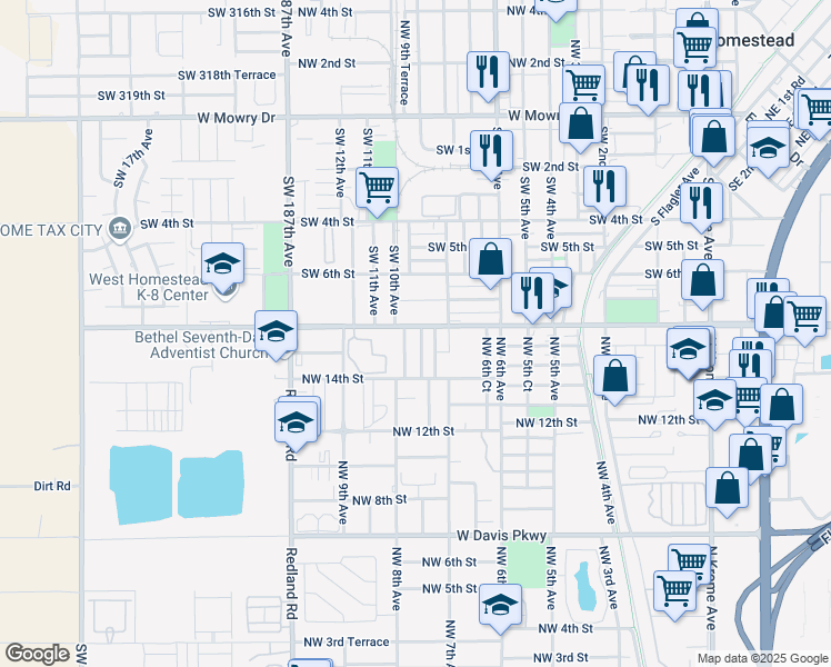 map of restaurants, bars, coffee shops, grocery stores, and more near 1694 Northwest 7th Place in Florida City