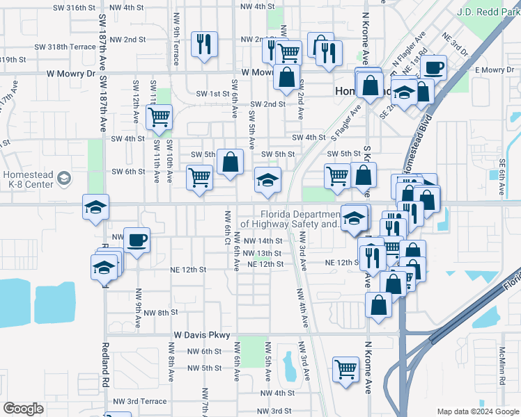 map of restaurants, bars, coffee shops, grocery stores, and more near 520 Southwest 8th Street in Homestead