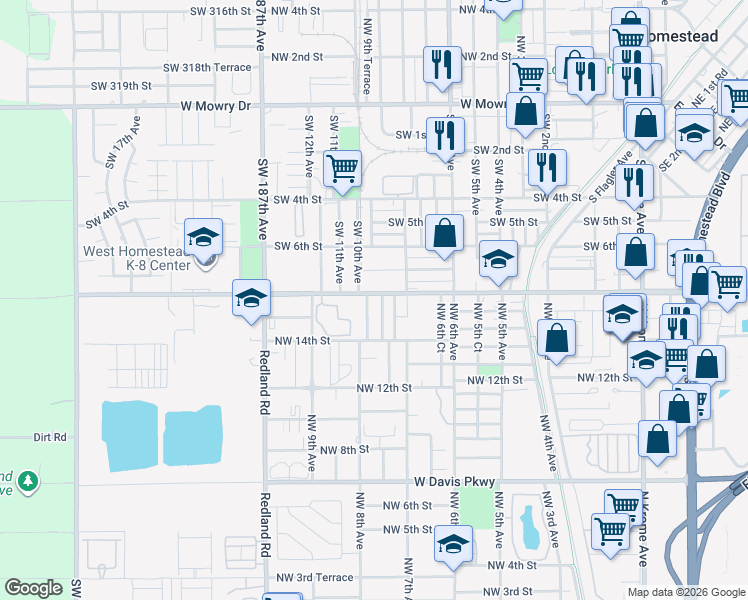 map of restaurants, bars, coffee shops, grocery stores, and more near 1694 Northwest 7th Place in Florida City