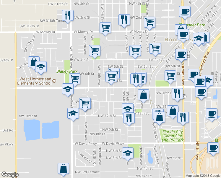 map of restaurants, bars, coffee shops, grocery stores, and more near 717 West Lucy Street in Homestead
