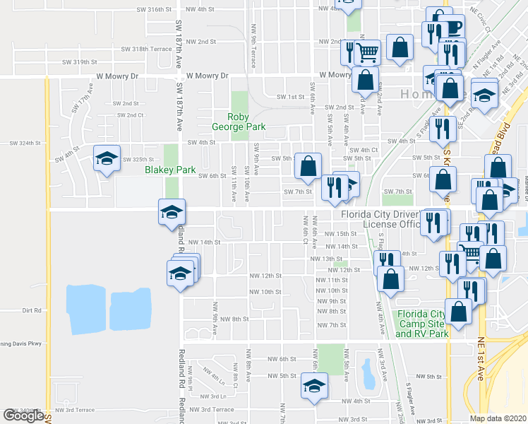 map of restaurants, bars, coffee shops, grocery stores, and more near 1694 Northwest 7th Place in Florida City