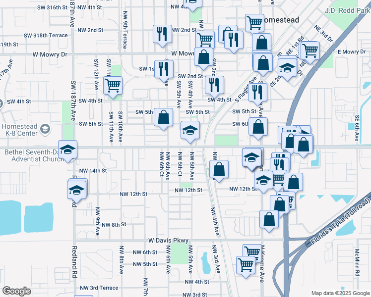 map of restaurants, bars, coffee shops, grocery stores, and more near 520 Southwest 8th Street in Homestead