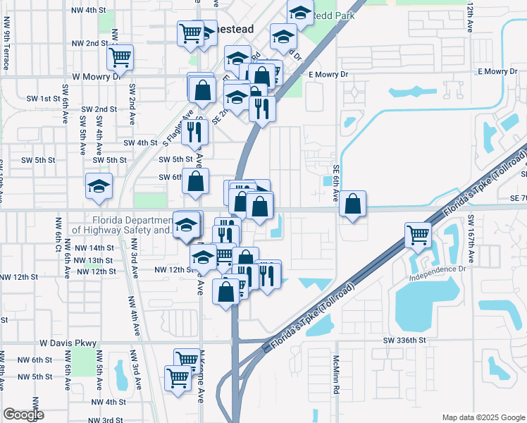 map of restaurants, bars, coffee shops, grocery stores, and more near 135e East Lucy Street in Homestead
