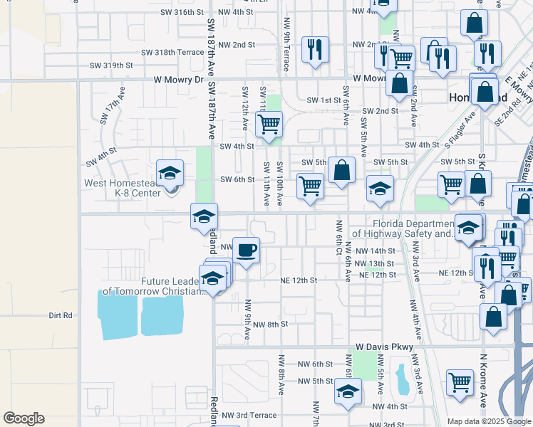 map of restaurants, bars, coffee shops, grocery stores, and more near 835 West Lucy Street in Homestead