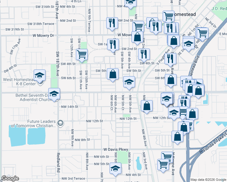 map of restaurants, bars, coffee shops, grocery stores, and more near 740 Southwest 6th Avenue in Homestead