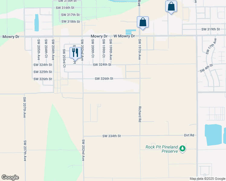 map of restaurants, bars, coffee shops, grocery stores, and more near 19901 Southwest 328th Street in Homestead
