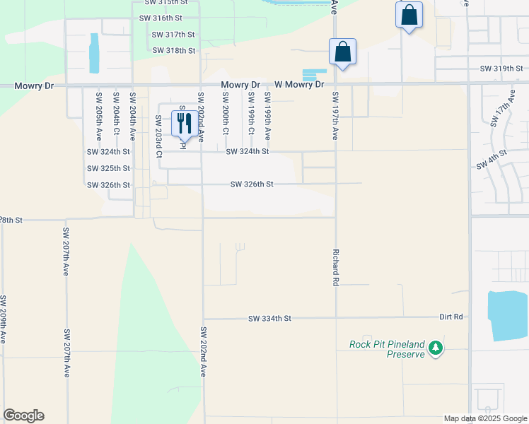map of restaurants, bars, coffee shops, grocery stores, and more near 19901 Southwest 328th Street in Homestead