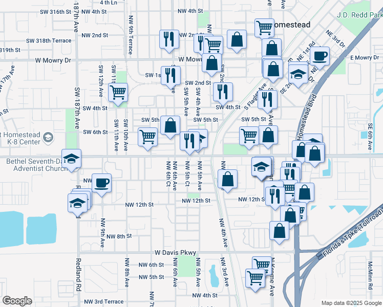 map of restaurants, bars, coffee shops, grocery stores, and more near 505 Southwest 8th Street in Homestead