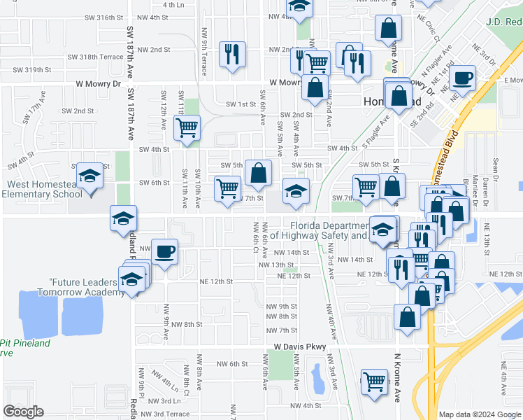 map of restaurants, bars, coffee shops, grocery stores, and more near 740 Southwest 6th Avenue in Homestead
