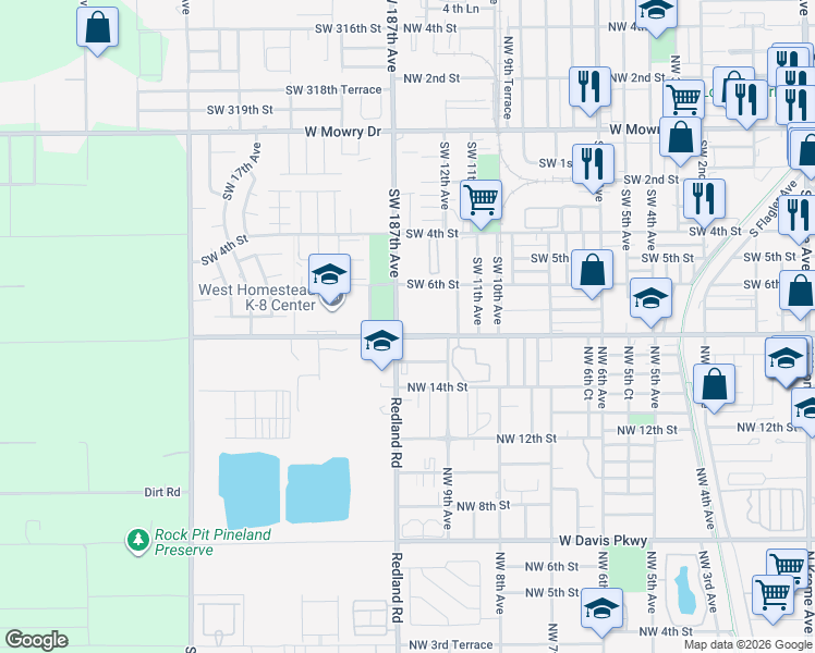 map of restaurants, bars, coffee shops, grocery stores, and more near 1395 Southwest 8th Street in Homestead
