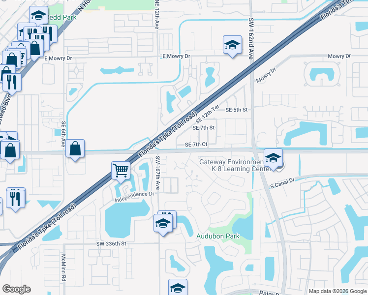 map of restaurants, bars, coffee shops, grocery stores, and more near 1206 Southeast 7th Court in Homestead