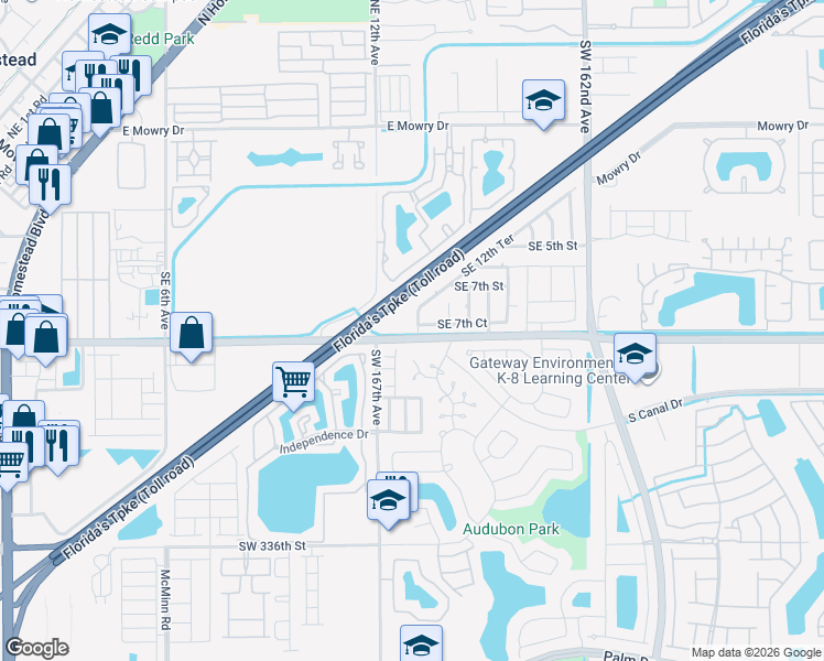 map of restaurants, bars, coffee shops, grocery stores, and more near 724 Southeast 12th Terrace in Homestead