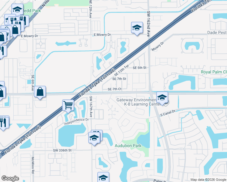 map of restaurants, bars, coffee shops, grocery stores, and more near 1473 North Bluebird Lane in Homestead