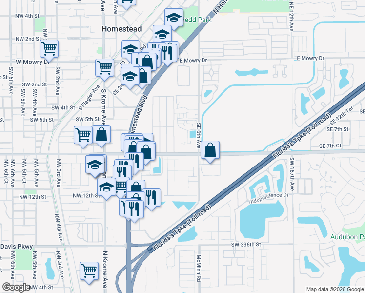 map of restaurants, bars, coffee shops, grocery stores, and more near 1827 East Lucy Street in Homestead