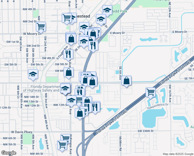map of restaurants, bars, coffee shops, grocery stores, and more near 135e East Lucy Street in Homestead