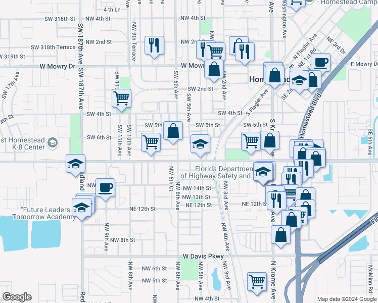 map of restaurants, bars, coffee shops, grocery stores, and more near 505 Southwest 8th Street in Homestead