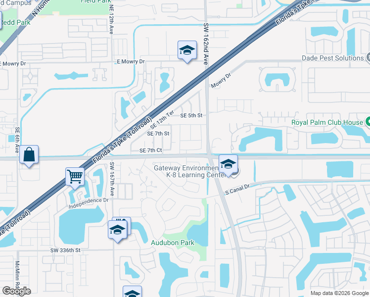map of restaurants, bars, coffee shops, grocery stores, and more near SE 7th Ln in Homestead