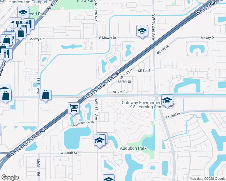 map of restaurants, bars, coffee shops, grocery stores, and more near 707 Southeast 12th Terrace in Homestead