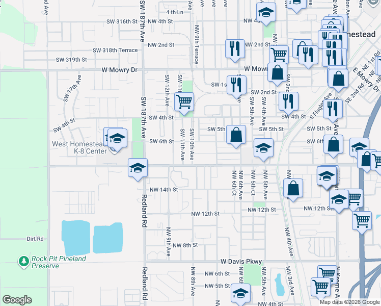 map of restaurants, bars, coffee shops, grocery stores, and more near 613 Southwest 11th Avenue in Homestead