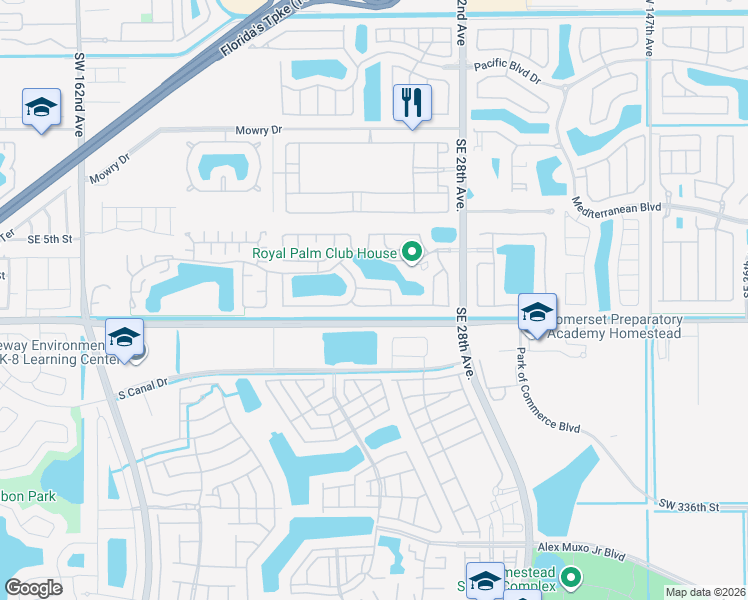 map of restaurants, bars, coffee shops, grocery stores, and more near 725 Southeast 25th Lane in Homestead