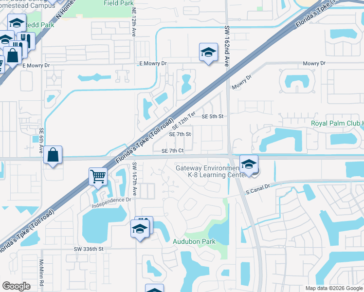 map of restaurants, bars, coffee shops, grocery stores, and more near 703 Southeast 13th Terrace in Homestead