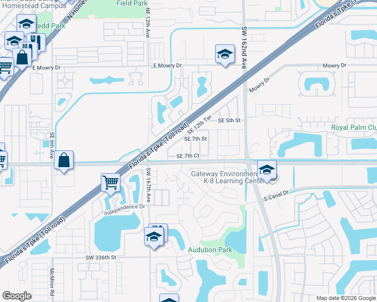 map of restaurants, bars, coffee shops, grocery stores, and more near 703 Southeast 13th Terrace in Homestead