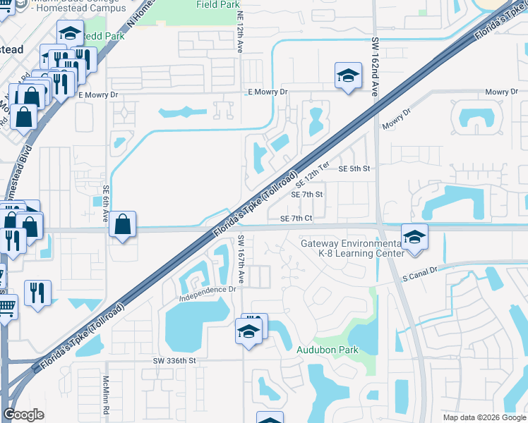 map of restaurants, bars, coffee shops, grocery stores, and more near 716 Southeast 12th Terrace in Homestead