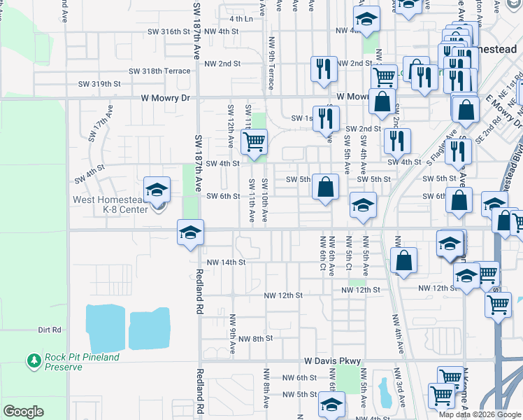map of restaurants, bars, coffee shops, grocery stores, and more near 613 Southwest 11th Avenue in Homestead