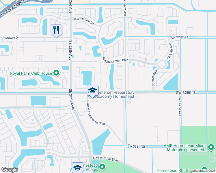 map of restaurants, bars, coffee shops, grocery stores, and more near 654 Southeast 32nd Avenue in Homestead
