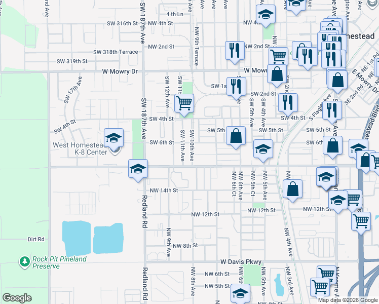 map of restaurants, bars, coffee shops, grocery stores, and more near 613 Southwest 11th Avenue in Homestead