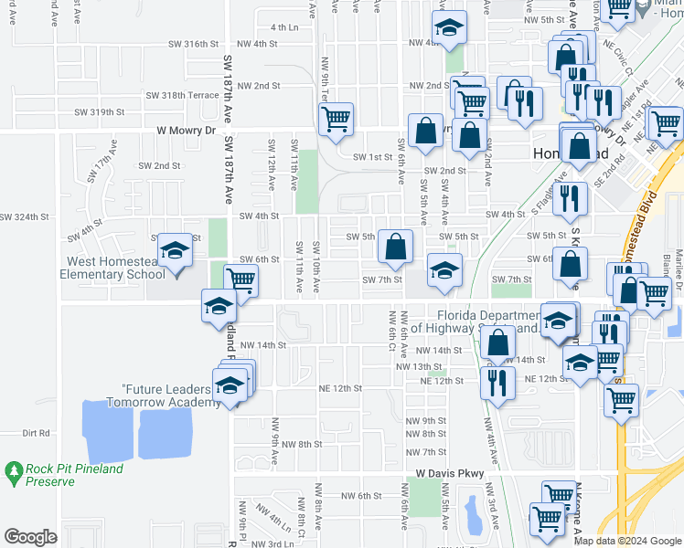 map of restaurants, bars, coffee shops, grocery stores, and more near 860 Southwest 6th Street in Homestead
