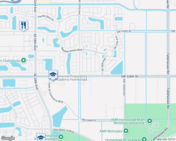 map of restaurants, bars, coffee shops, grocery stores, and more near 672 Southeast 34th Avenue in Homestead