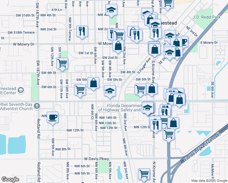 map of restaurants, bars, coffee shops, grocery stores, and more near 625 Southwest 3rd Avenue in Homestead