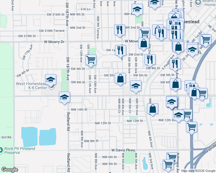 map of restaurants, bars, coffee shops, grocery stores, and more near 712 Southwest 6th Street in Homestead