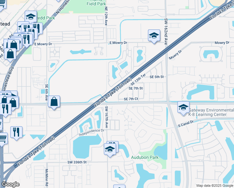 map of restaurants, bars, coffee shops, grocery stores, and more near 716 Southeast 12th Terrace in Homestead