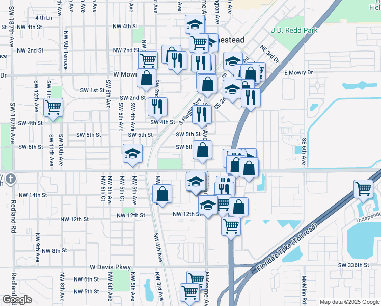 map of restaurants, bars, coffee shops, grocery stores, and more near 627 South Krome Avenue in Homestead