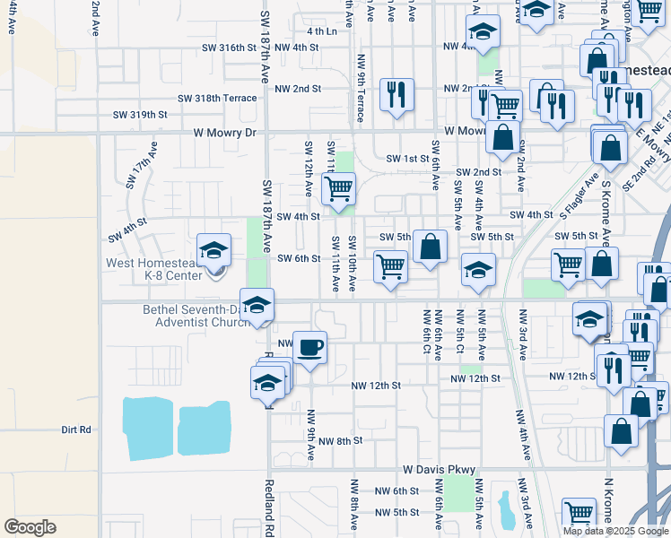 map of restaurants, bars, coffee shops, grocery stores, and more near 613 Southwest 11th Avenue in Homestead