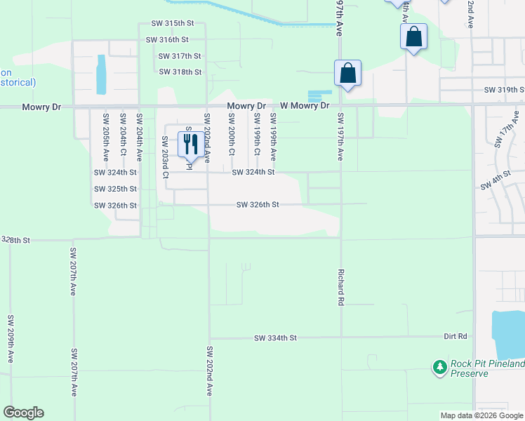 map of restaurants, bars, coffee shops, grocery stores, and more near 19900 Southwest 326th Street in Homestead