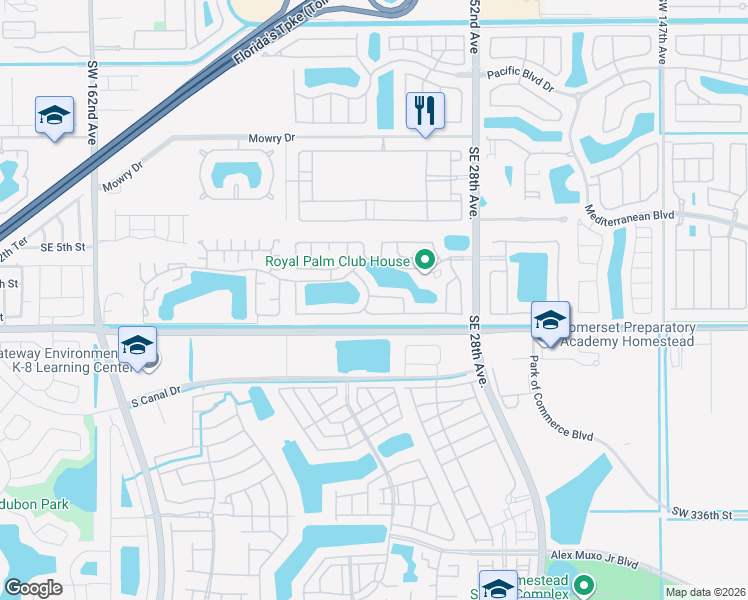 map of restaurants, bars, coffee shops, grocery stores, and more near 725 Southeast 25th Lane in Homestead