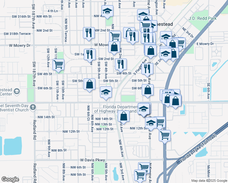 map of restaurants, bars, coffee shops, grocery stores, and more near 625 Southwest 3rd Avenue in Homestead