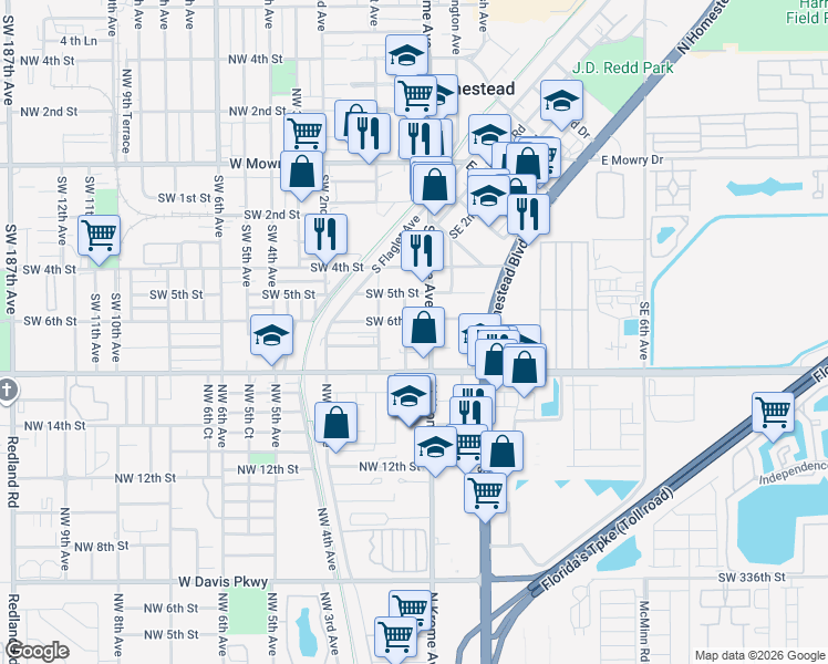 map of restaurants, bars, coffee shops, grocery stores, and more near 627 South Krome Avenue in Homestead